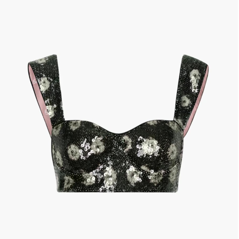 Juan De Dios Black Beige Delirio Floral Sequin Cropped Womens Blouse Top Size 6